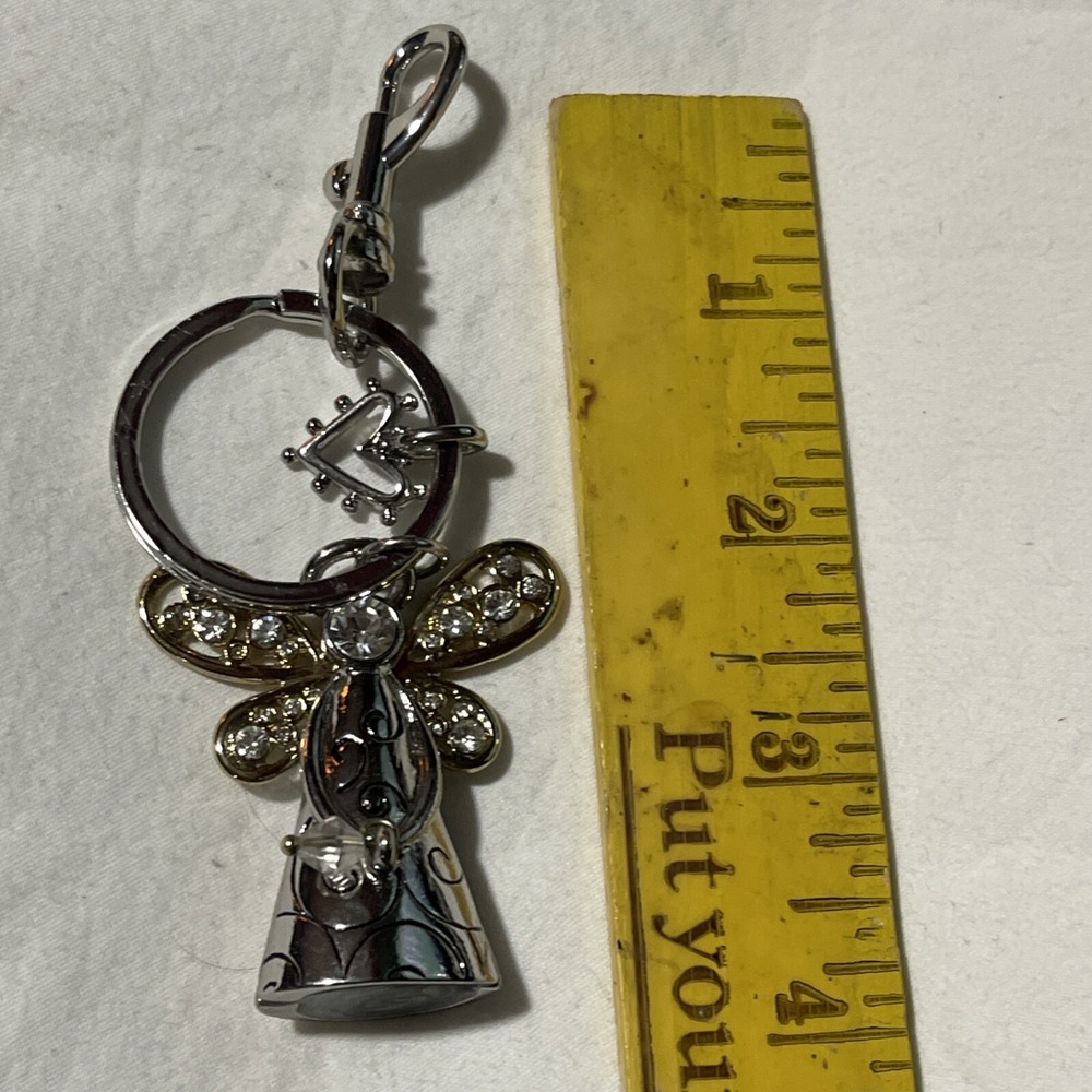 Chico's Silver & Gold Tone Metal Engraved Angel w/ Clear Rhinestones Keychain - Picture 5 of 5